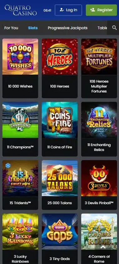 Quatro Casino mobile slots interface screenshot showing slot game selection with popular titles and filtering options - captured during platform testing Quatro Casino mobile slots interface screenshot showing slot game selection with popular titles and filtering options - captured during platform testing