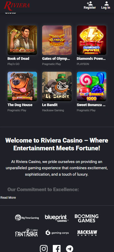Rockstar Casino mobile homepage screenshot showing main casino lobby with featured games and promotions - captured during platform testing