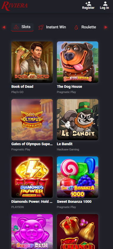 Rockstar Casino mobile slots interface screenshot showing slot game selection with popular titles and filtering options - captured during platform testing