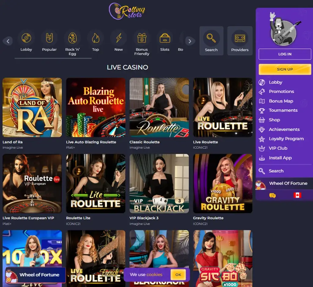 Rolling Slots Casino desktop live casino lobby screenshot featuring live dealer games and real-time streaming interface - review testing