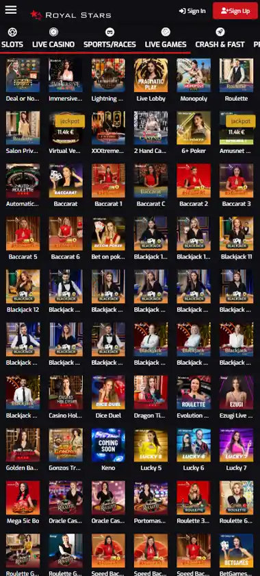Royal Stars Casino mobile live casino interface screenshot showing live dealer tables including blackjack and roulette - tested