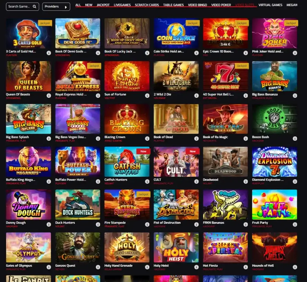 Royal Stars Casino desktop slots lobby screenshot presenting variety of slot games with categories and providers - verified