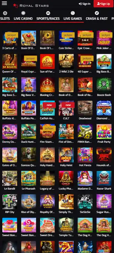 Royal Stars Casino mobile slots interface screenshot showing slot game selection with popular titles and filtering options - captured during platform testing