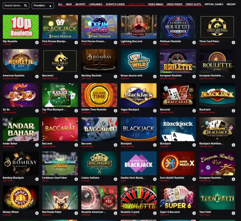 Royal Stars Casino desktop table games lobby screenshot displaying classic casino games such as blackjack, roulette and baccarat - tested