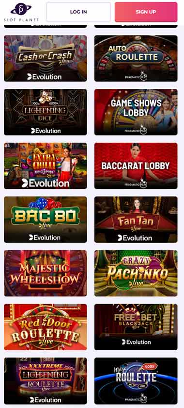 Slot Planet Casino mobile live casino interface screenshot showing live dealer tables including blackjack and roulette - tested