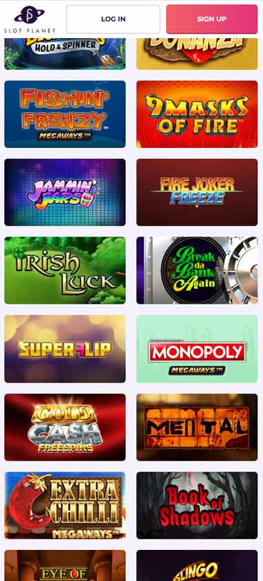 Slot Planet Casino mobile slots interface screenshot showing slot game selection with popular titles and filtering options - captured during platform testing