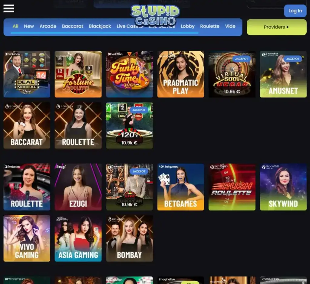 Stupid Casino desktop live casino lobby featuring live dealer games and real-time streaming interface - tested Stupid Casino desktop live casino lobby featuring live dealer games and real-time streaming interface - tested