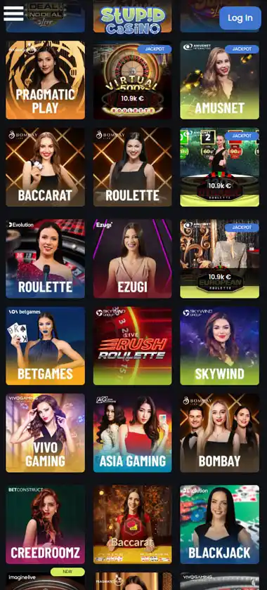 Stupid Casino mobile live casino interface showing live dealer tables including blackjack and roulette - tested Stupid Casino mobile live casino interface showing live dealer tables including blackjack and roulette - tested