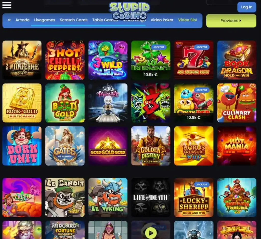 Stupid Casino desktop slots lobby presenting a variety of slot games with categories and providers - tested Stupid Casino desktop slots lobby presenting a variety of slot games with categories and providers - tested