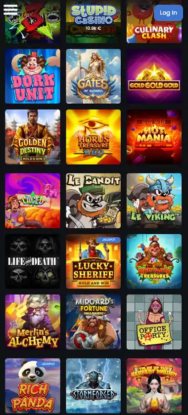 Stupid Casino mobile slots interface showing slot game selection with popular titles and filtering options - tested Stupid Casino mobile slots interface showing slot game selection with popular titles and filtering options - tested