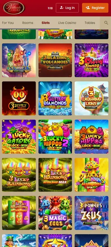 Villento Casino mobile slots interface showing slot game selection with popular titles and filtering options - captured during platform testing Villento Casino mobile slots interface showing slot game selection with popular titles and filtering options - captured during platform testing