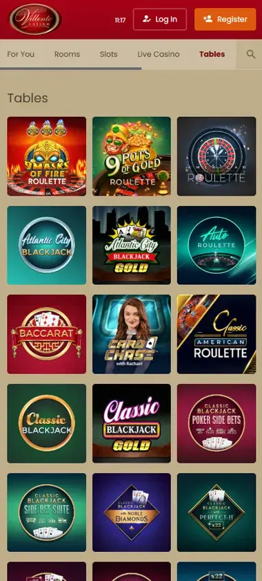 Villento Casino mobile table games interface showing selection of blackjack, roulette and baccarat games - captured during platform testing Villento Casino mobile table games interface showing selection of blackjack, roulette and baccarat games - captured during platform testing