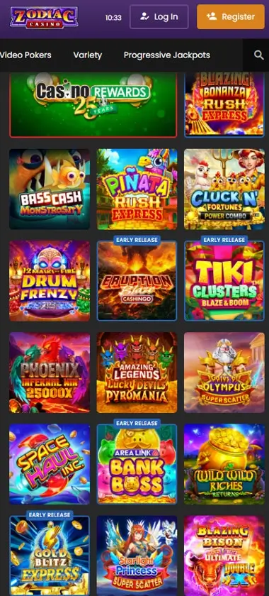 Zodiac Casino mobile homepage screenshot showing main casino lobby with featured games and promotions - captured during platform testing