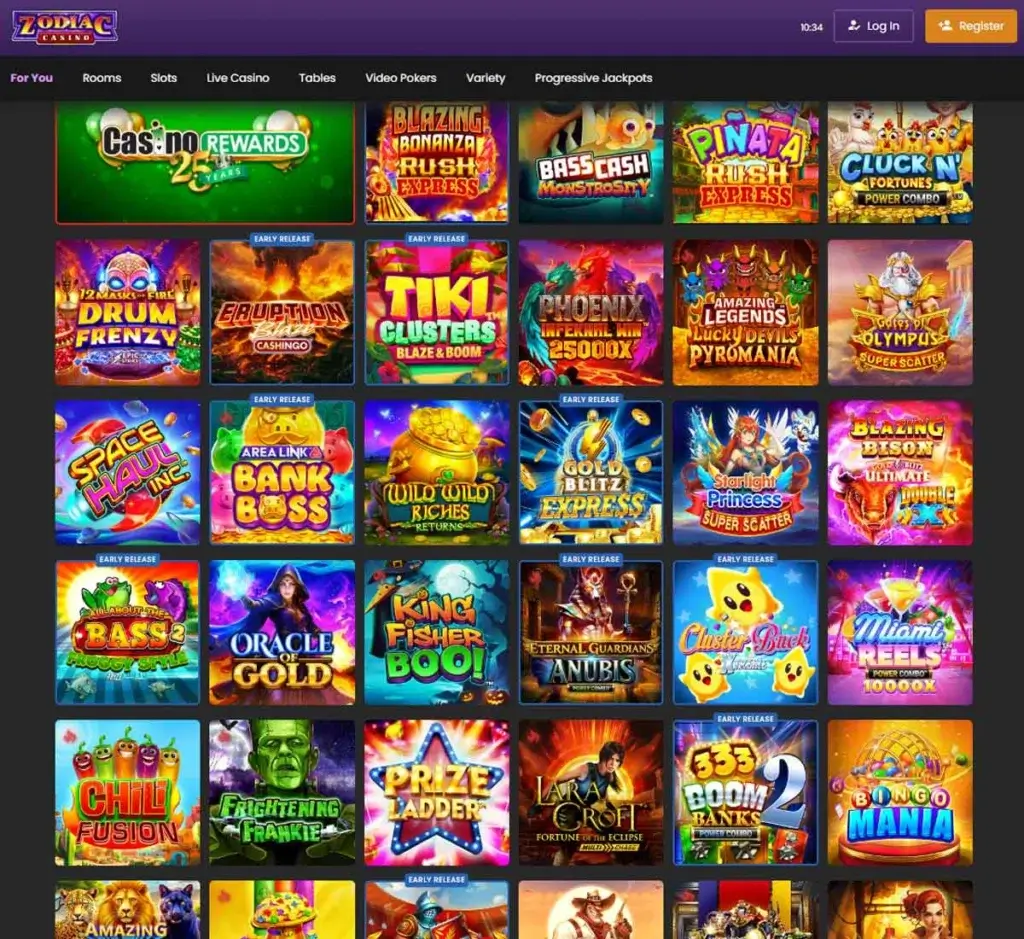 Zodiac Casino desktop homepage screenshot displaying main casino lobby with featured games, promotions and navigation menu - Tested