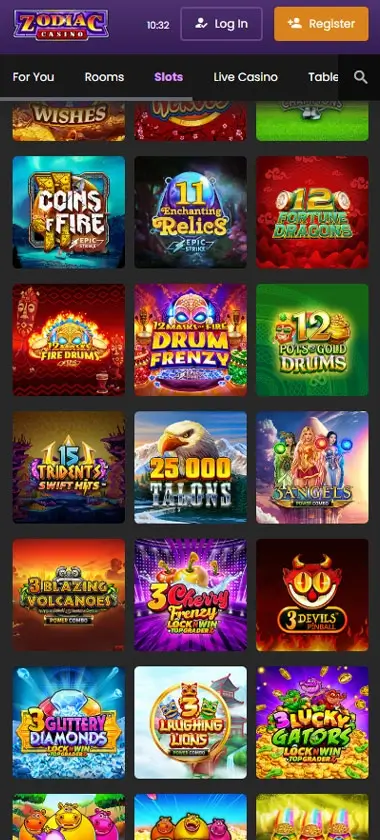 Zodiac Casino mobile slots review screenshot showing slot game selection with popular titles and filtering options - Tested
