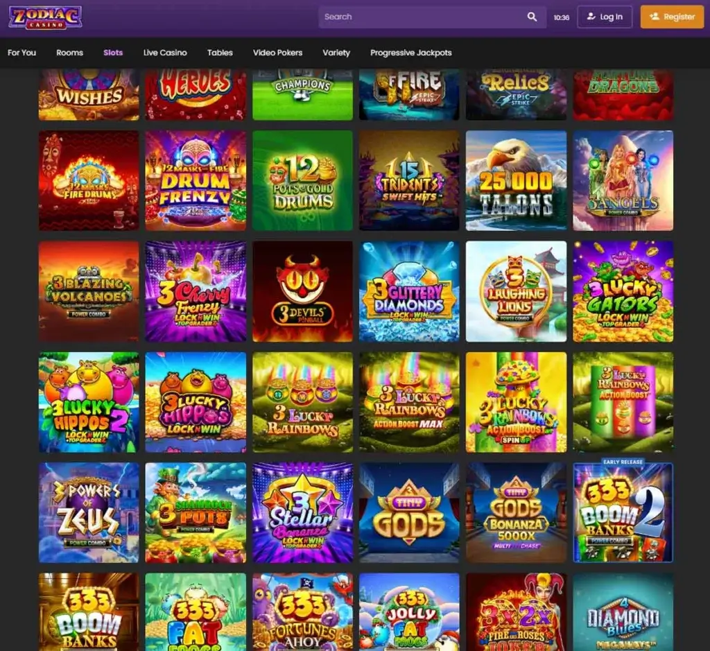 Zodiac Casino desktop slots review screenshot presenting variety of slot games with categories and providers - Tested