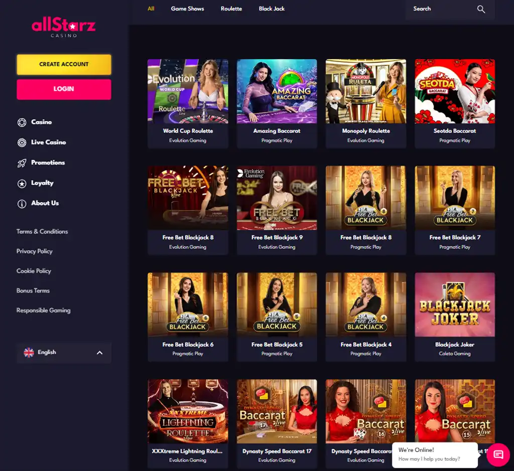 All Starz Casino desktop live casino lobby screenshot featuring live dealer games and real-time streaming interface - review testing All Starz Casino desktop live casino lobby screenshot featuring live dealer games and real-time streaming interface - review testing
