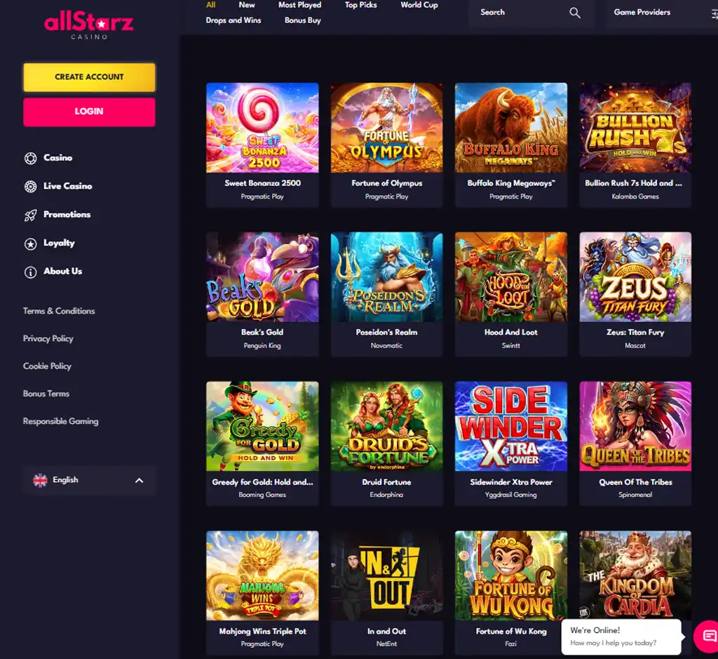 All Starz Casino desktop slots lobby screenshot presenting variety of slot games with categories and providers - verified All Starz Casino desktop slots lobby screenshot presenting variety of slot games with categories and providers - verified