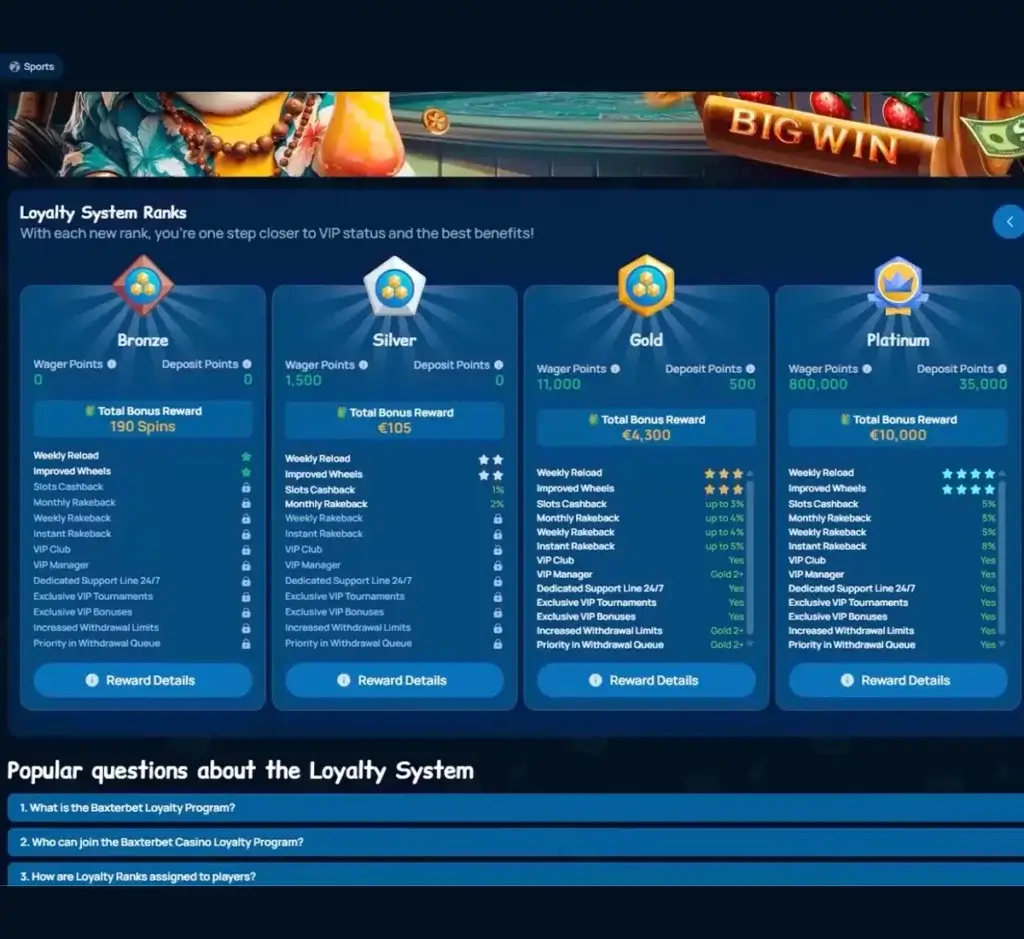 Baxter Bet Casino desktop promotions page displaying current casino bonuses, promotional offers and available player rewards - tested Baxter Bet Casino desktop promotions page displaying current casino bonuses, promotional offers and available player rewards - tested