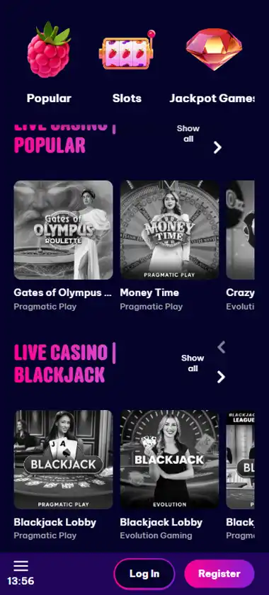 Berriez Casino mobile live casino interface screenshot showing live dealer tables including blackjack and roulette - tested