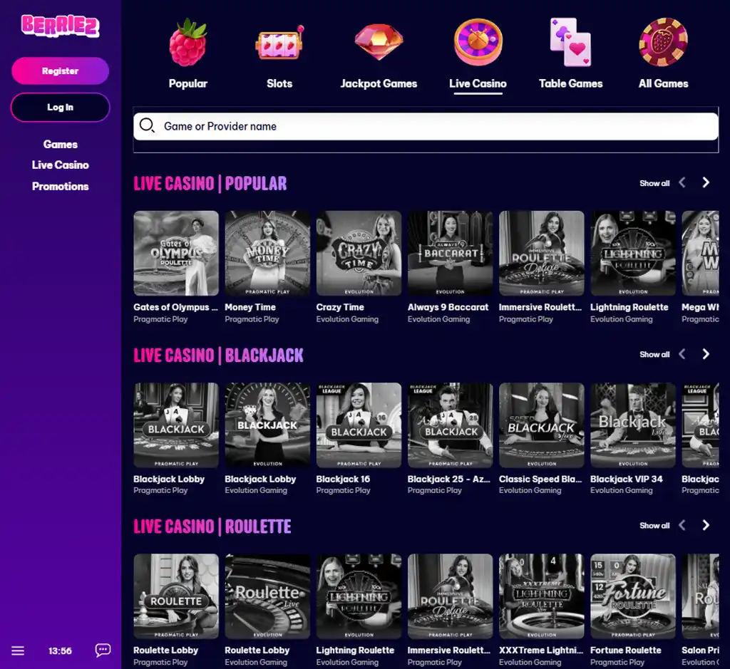 Berriez Casino desktop live casino lobby screenshot featuring live dealer games and real-time streaming interface - review testing