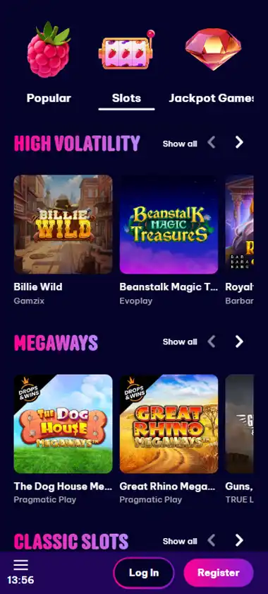 Berriez Casino mobile slots interface screenshot showing slot game selection with popular titles and filtering options - captured during platform testing