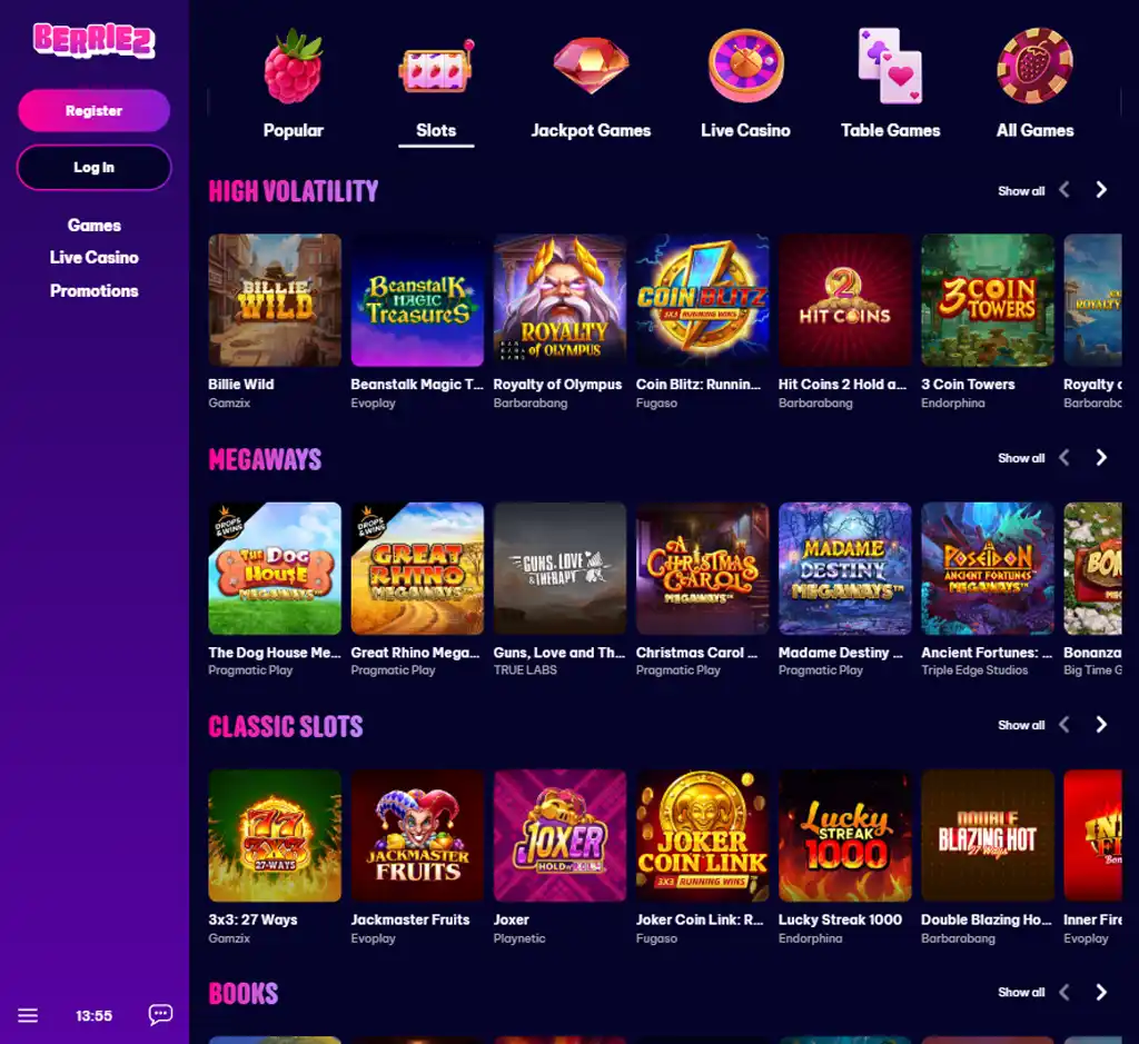 Berriez Casino desktop slots lobby screenshot presenting variety of slot games with categories and providers - verified