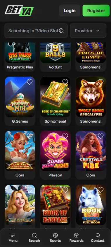 BetYa Casino mobile slots interface screenshot showing slot game selection with popular titles and filtering options - captured during platform testing BetYa Casino mobile slots interface screenshot showing slot game selection with popular titles and filtering options - captured during platform testing