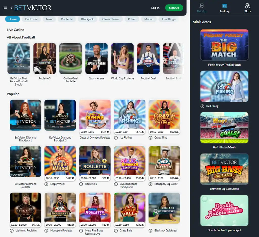 BetVictor Casino desktop live casino lobby screenshot featuring live dealer games and real-time streaming interface - Testing