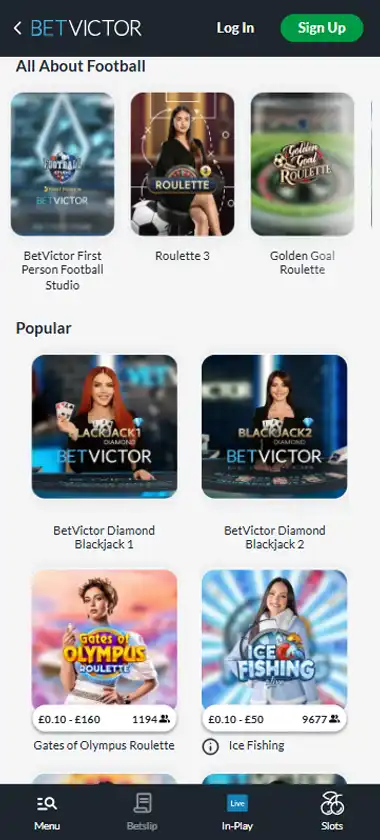 BetVictor Casino mobile live casino interface screenshot showing live dealer tables including blackjack and roulette - Tested