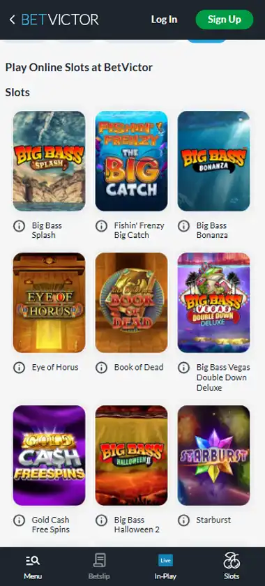 BetVictor Casino mobile slots interface screenshot showing slot game selection with popular titles and filtering options - Tested