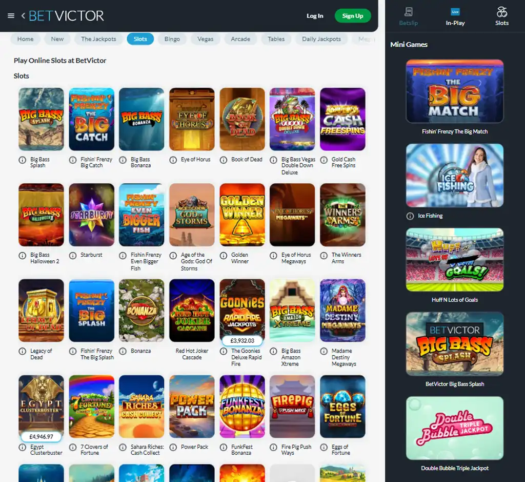 BetVictor Casino desktop slots lobby screenshot presenting variety of slot games with categories and providers - Tested