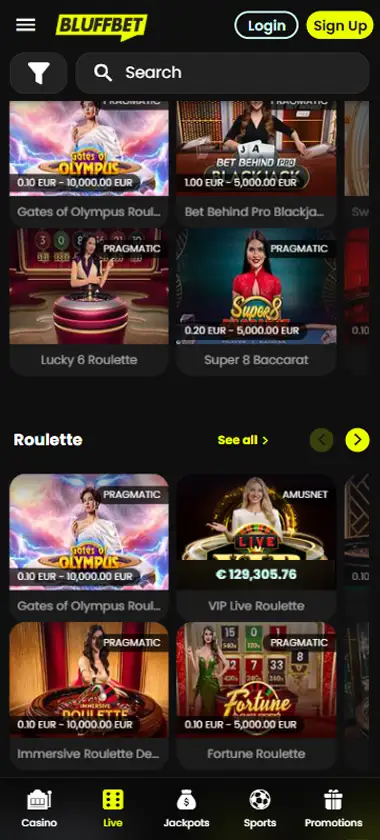 BluffBet Casino mobile live casino interface screenshot showing live dealer tables including blackjack and roulette - tested BluffBet Casino mobile live casino interface screenshot showing live dealer tables including blackjack and roulette - tested