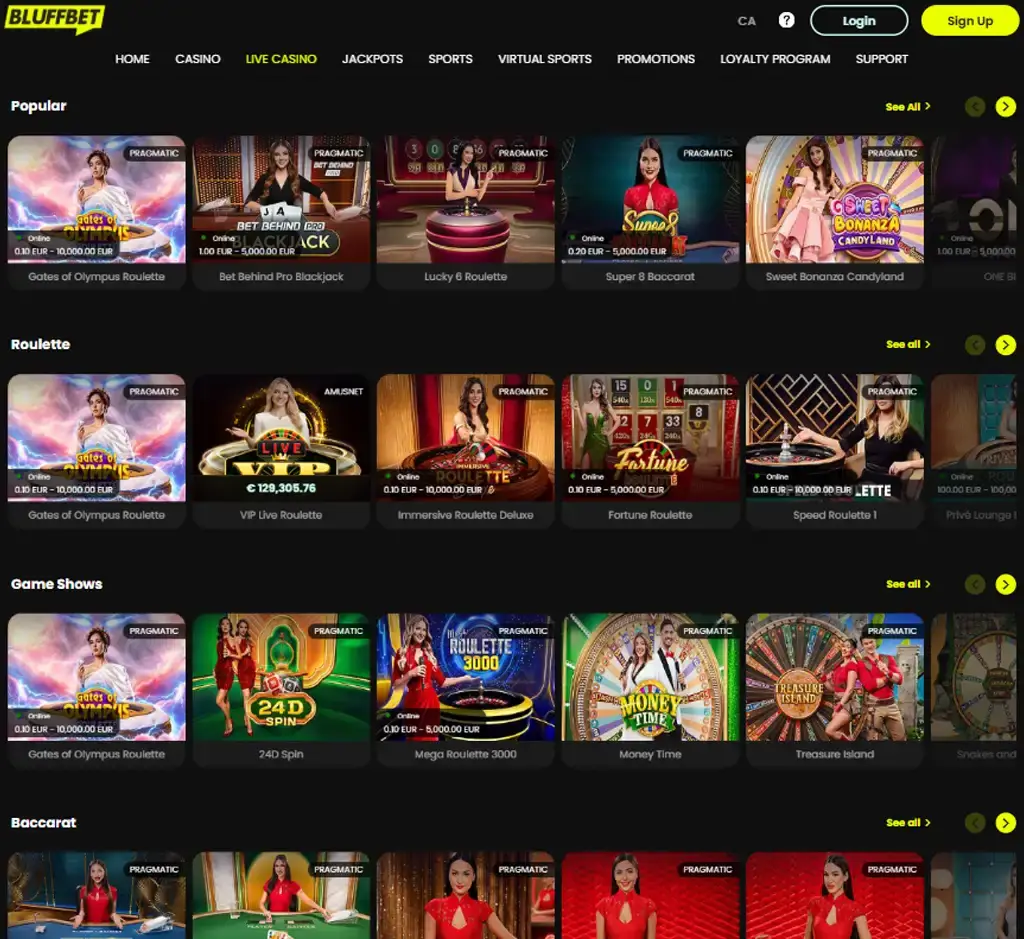 BluffBet Casino desktop live casino lobby screenshot featuring live dealer games and real-time streaming interface - review testing BluffBet Casino desktop live casino lobby screenshot featuring live dealer games and real-time streaming interface - review testing