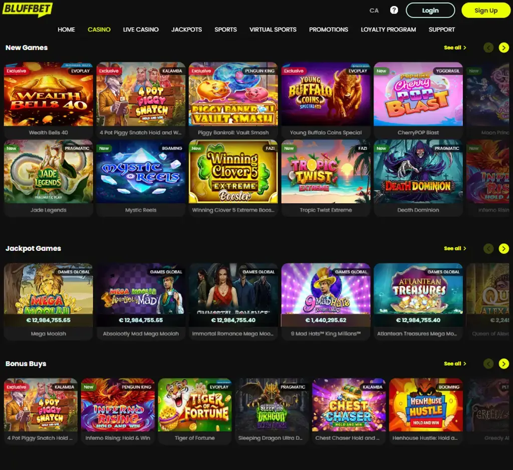 BluffBet Casino desktop slots lobby screenshot presenting variety of slot games with categories and providers - verified BluffBet Casino desktop slots lobby screenshot presenting variety of slot games with categories and providers - verified