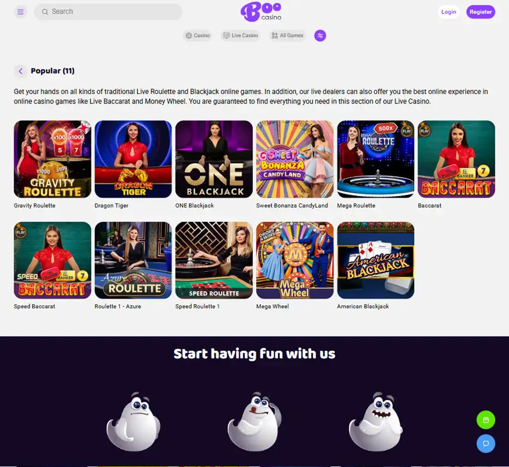 Boo Casino desktop live casino lobby screenshot featuring live dealer games and real-time streaming interface - Tested