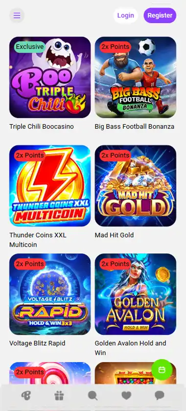 Boo Casino mobile slots interface screenshot showing slot game selection with popular titles and filtering options - Tested