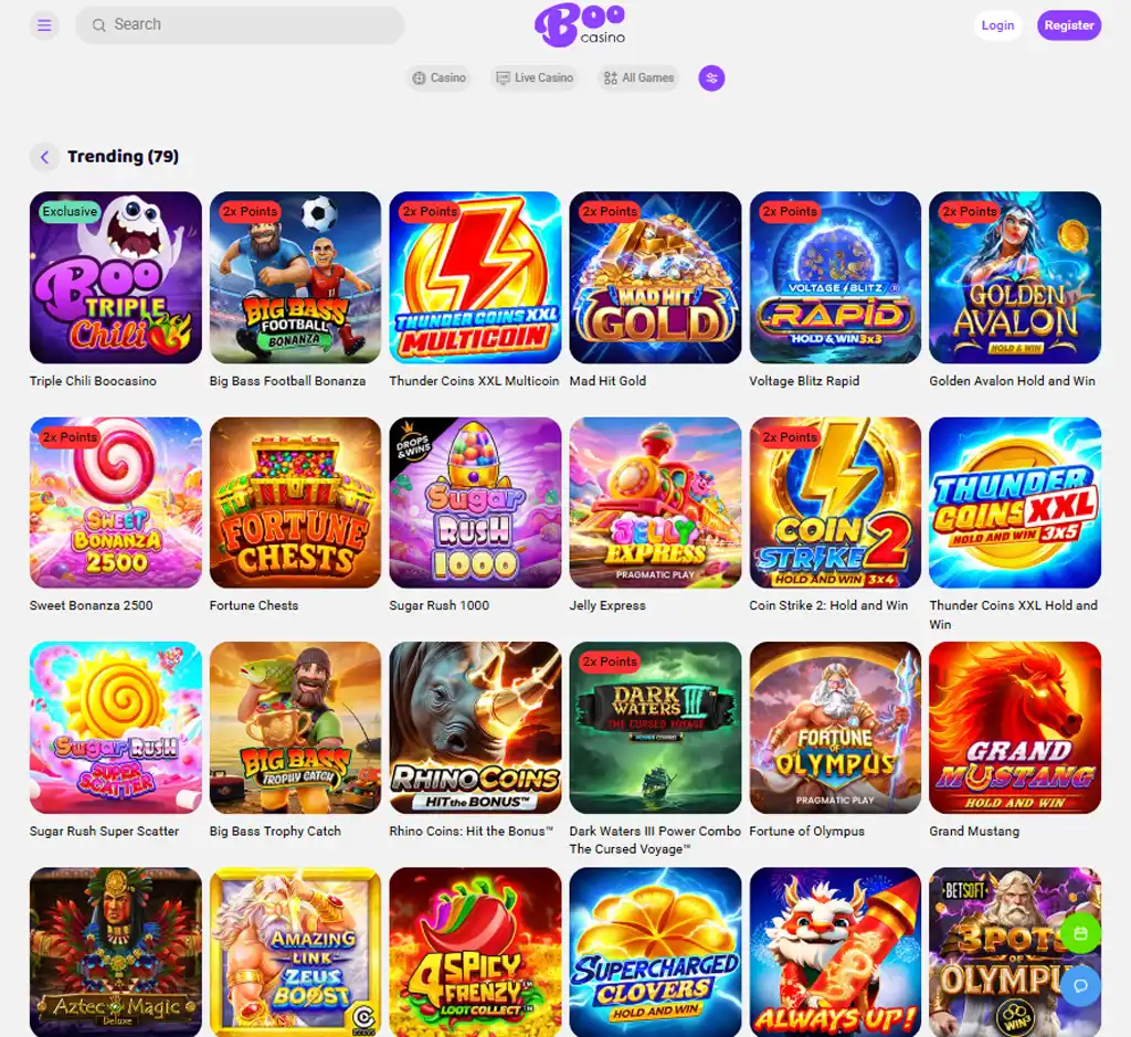 Boo Casino desktop slots lobby screenshot presenting variety of slot games with categories and providers - Tested