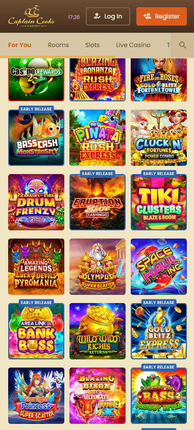 Captain Cooks Casino mobile homepage screenshot showing main casino lobby with featured games and promotions - captured during platform testing