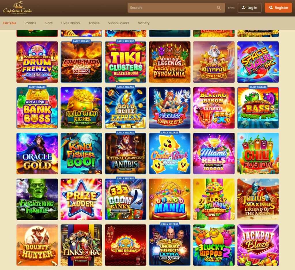 Captain Cooks Casino desktop homepage screenshot displaying main casino lobby with featured games, promotions and navigation menu - tested