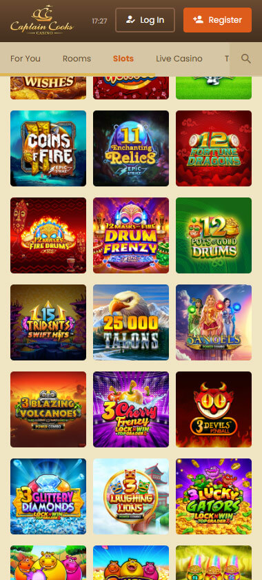 Captain Cooks Casino mobile slots interface screenshot showing slot game selection with popular titles and filtering options - captured during platform testing
