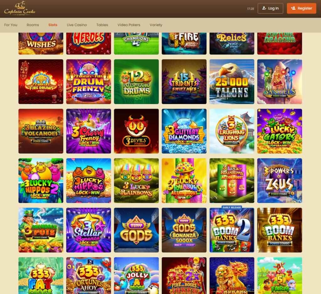 Captain Cooks Casino desktop slots lobby screenshot presenting variety of slot games with categories and providers - verified