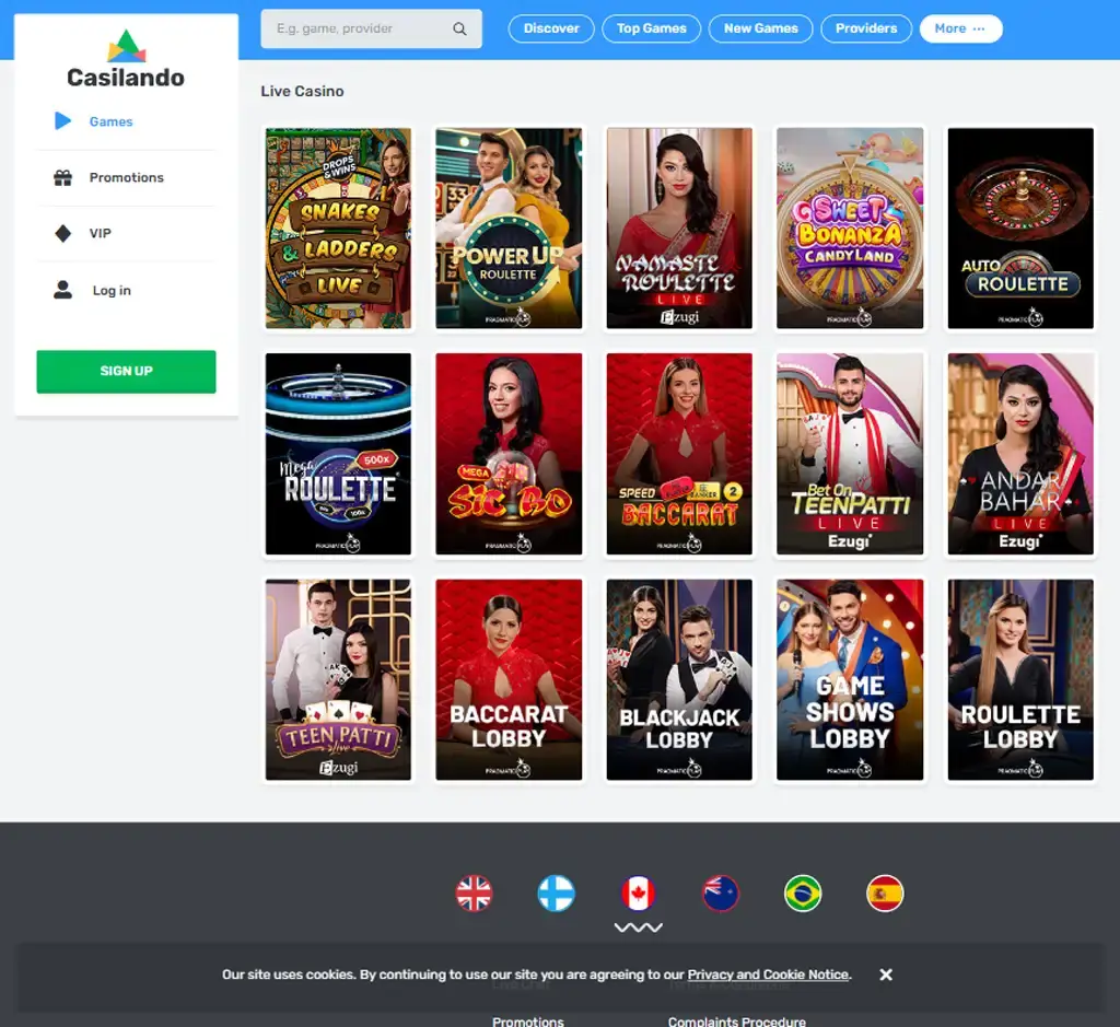 Casilando Casino desktop live casino lobby screenshot featuring live dealer games and real-time streaming interface - Tested