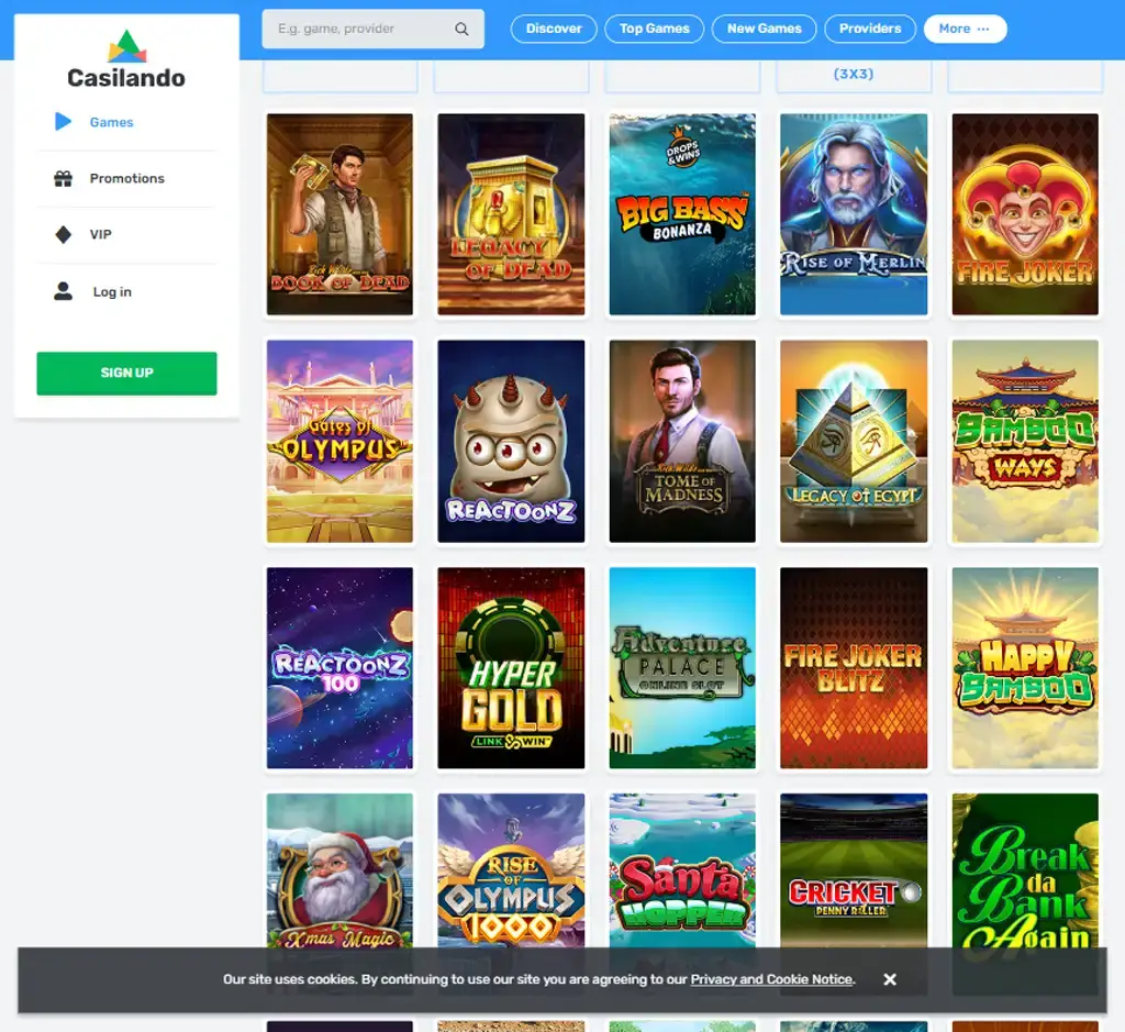 Casilando Casino desktop slots lobby screenshot presenting variety of slot games with categories and providers - Tested