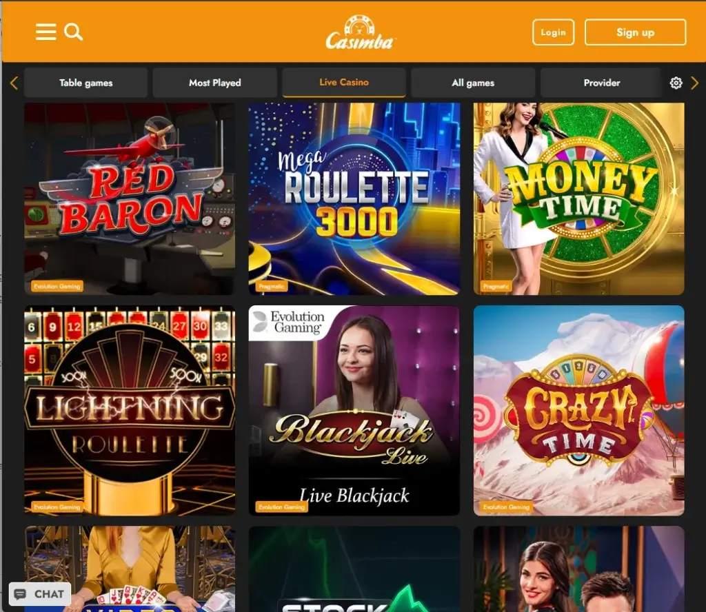 Casimba Casino desktop live casino lobby screenshot featuring live dealer games and real-time streaming interface - Tested