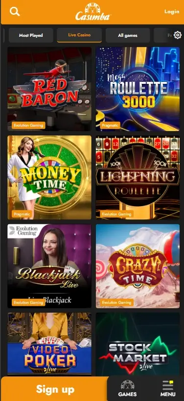 Casimba Casino mobile live casino interface screenshot showing live dealer tables including blackjack and roulette - Tested