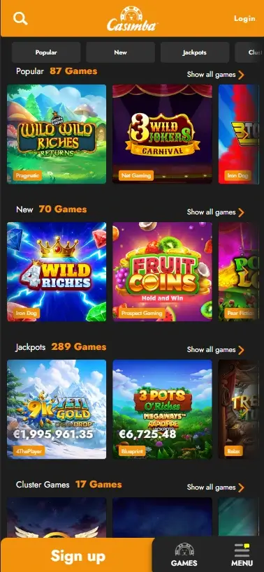 Casimba Casino mobile slots interface screenshot showing slot game selection with popular titles and filtering options - Tested