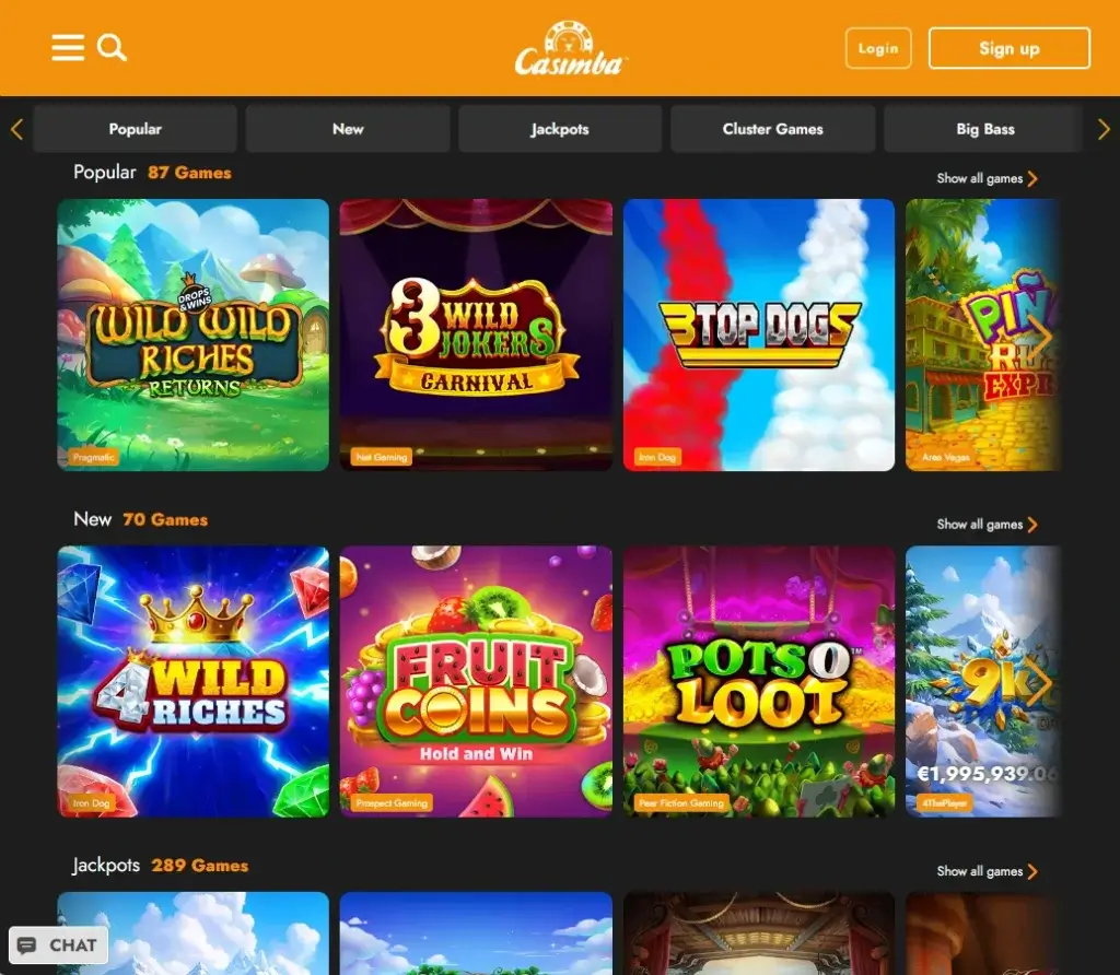 Casimba Casino desktop slots lobby screenshot presenting variety of slot games with categories and providers - Tested