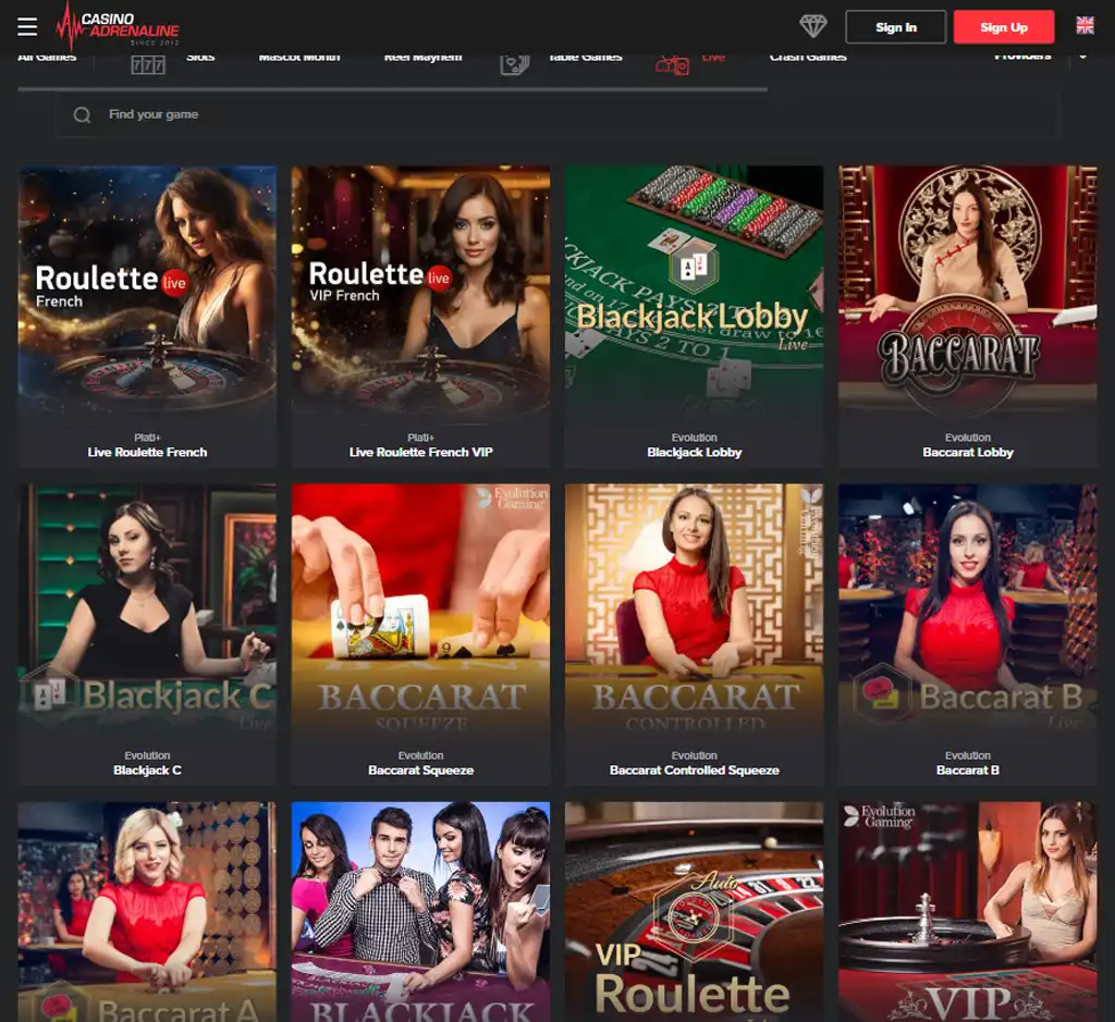 Casino Adrenaline desktop live casino lobby screenshot featuring live dealer games and real-time streaming interface - review testing