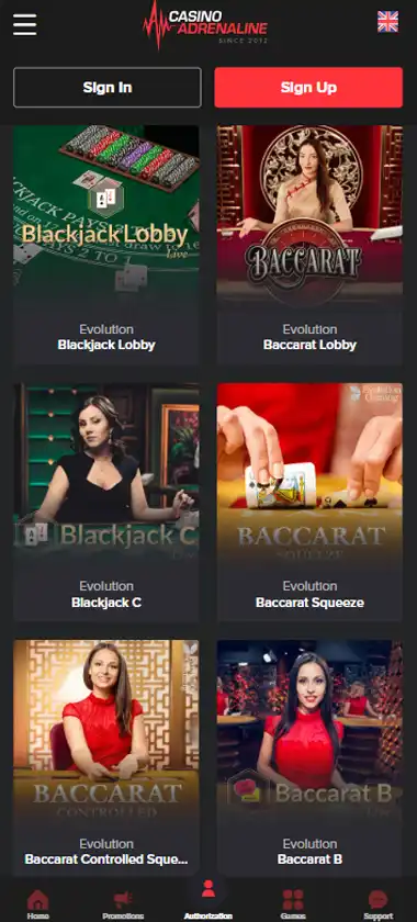Casino Adrenaline mobile live casino interface screenshot showing live dealer tables including blackjack and roulette - tested
